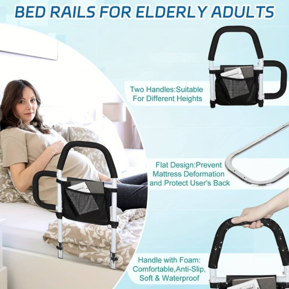 Bed Rail Safety Assist Rail for Elderly Adults with Storage Pocket &Fixing Strap - Image 5