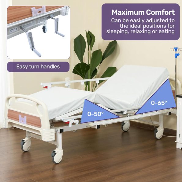 EQUIPMED Medical Bed, w/ Mattress & Over Bed Table, Easy Manual Back and Leg Incline Adjustable, IV Pole, Home Aged Care or ICU Hospital - Image 4
