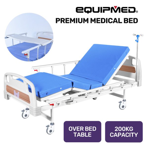 EQUIPMED Medical Bed, w/ Mattress & Over Bed Table, Easy Manual Back and Leg Incline Adjustable, IV Pole, Home Aged Care or ICU Hospital - Image 10