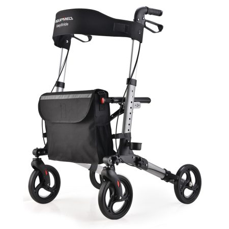 EQUIPMED Foldable Aluminium Walking Frame Rollator with Bag and Seat | Silver
