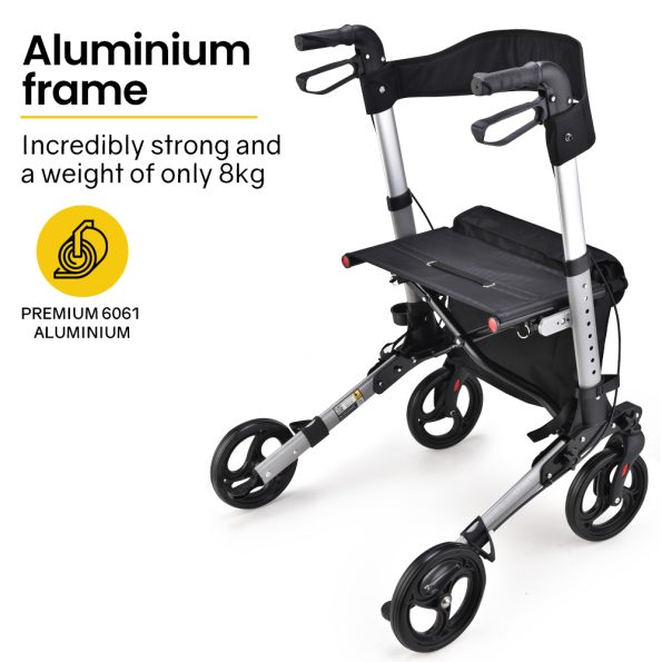 EQUIPMED Foldable Aluminium Walking Frame Rollator with Bag and Seat | Silver - Image 3