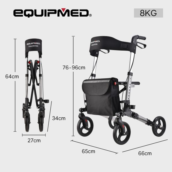 EQUIPMED Foldable Aluminium Walking Frame Rollator with Bag and Seat | Silver - Image 6
