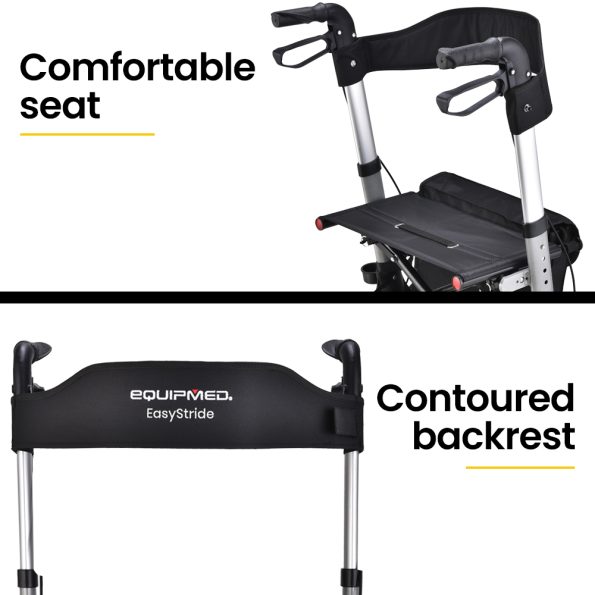 EQUIPMED Foldable Aluminium Walking Frame Rollator with Bag and Seat | Silver - Image 9