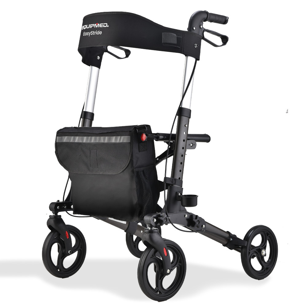 EQUIPMED Foldable Aluminium Walking Frame Rollator with Bag and Seat| Titanium Colour