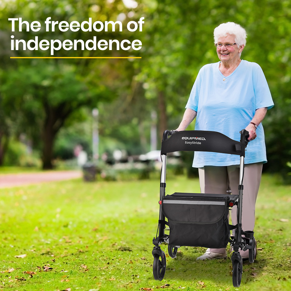 EQUIPMED Foldable Aluminium Walking Frame Rollator with Bag and Seat| Titanium Colour - Image 2