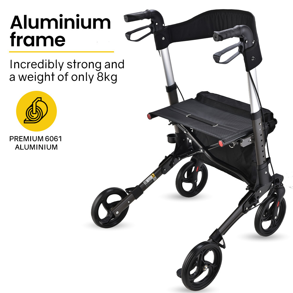 EQUIPMED Foldable Aluminium Walking Frame Rollator with Bag and Seat| Titanium Colour - Image 3
