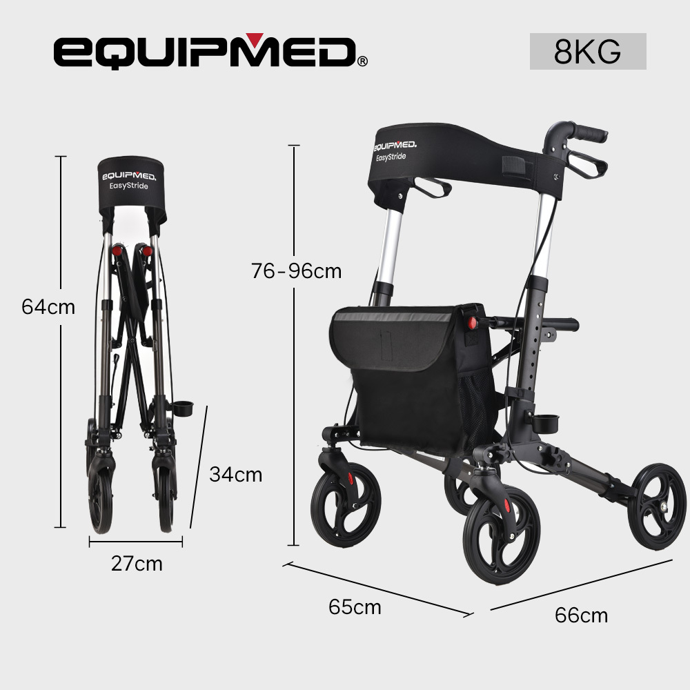 EQUIPMED Foldable Aluminium Walking Frame Rollator with Bag and Seat| Titanium Colour - Image 6