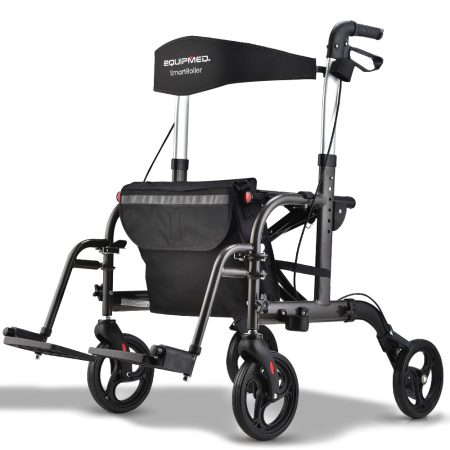 EQUIPMED 2-in-1 Foldable Aluminium Walking Frame Rollator and Transit Wheelchair with Bag |Titanium colour