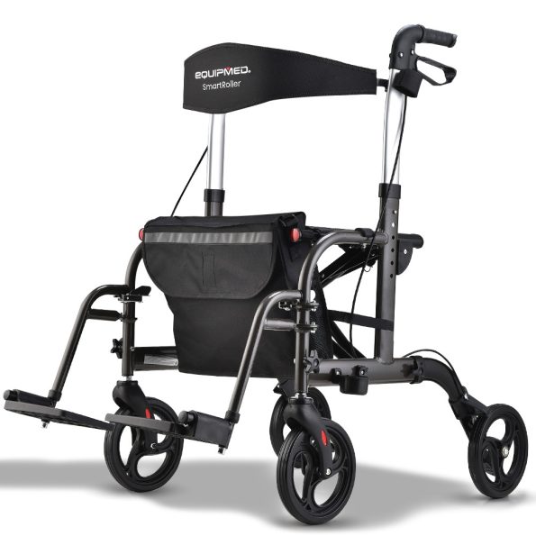 EQUIPMED 2-in-1 Foldable Aluminium Walking Frame Rollator and Transit Wheelchair with Bag |Titanium colour