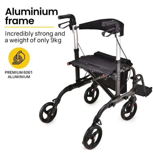 EQUIPMED 2-in-1 Foldable Aluminium Walking Frame Rollator and Transit Wheelchair with Bag |Titanium colour - Image 3