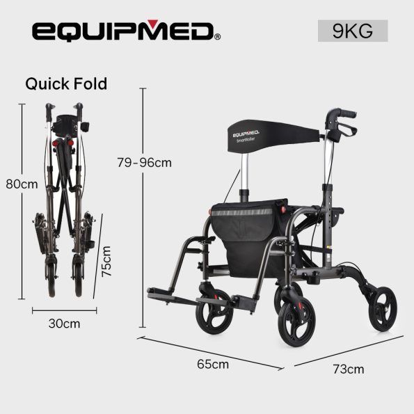 EQUIPMED 2-in-1 Foldable Aluminium Walking Frame Rollator and Transit Wheelchair with Bag |Titanium colour - Image 6