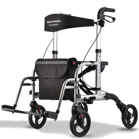 EQUIPMED 2-in-1 Folding Rollator Wheelchair Adjustable Mobility Walker w/ Park Brakes & Bag | Silver