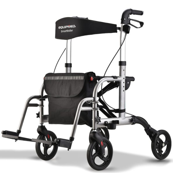 EQUIPMED 2-in-1 Folding Rollator Wheelchair Adjustable Mobility Walker w/ Park Brakes & Bag | Silver
