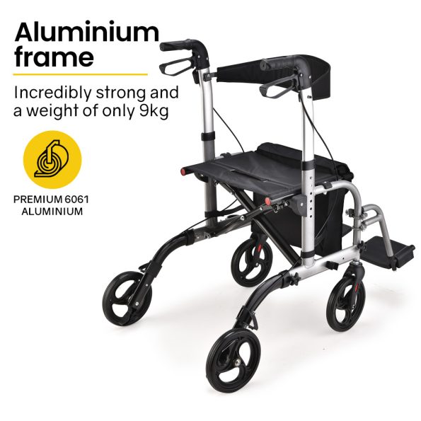 EQUIPMED 2-in-1 Folding Rollator Wheelchair Adjustable Mobility Walker w/ Park Brakes & Bag | Silver - Image 3