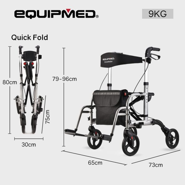 EQUIPMED 2-in-1 Folding Rollator Wheelchair Adjustable Mobility Walker w/ Park Brakes & Bag | Silver - Image 6