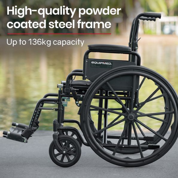 EQUIPMED Portable Folding Wheelchair 24 Inch 136kg Capacity Wheel Chair Retractable Armrests| Black - Image 2