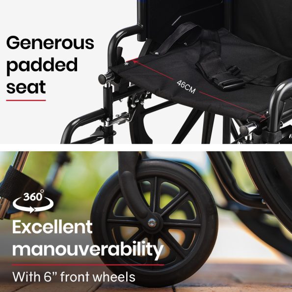 EQUIPMED Portable Folding Wheelchair 24 Inch 136kg Capacity Wheel Chair Retractable Armrests| Black - Image 7