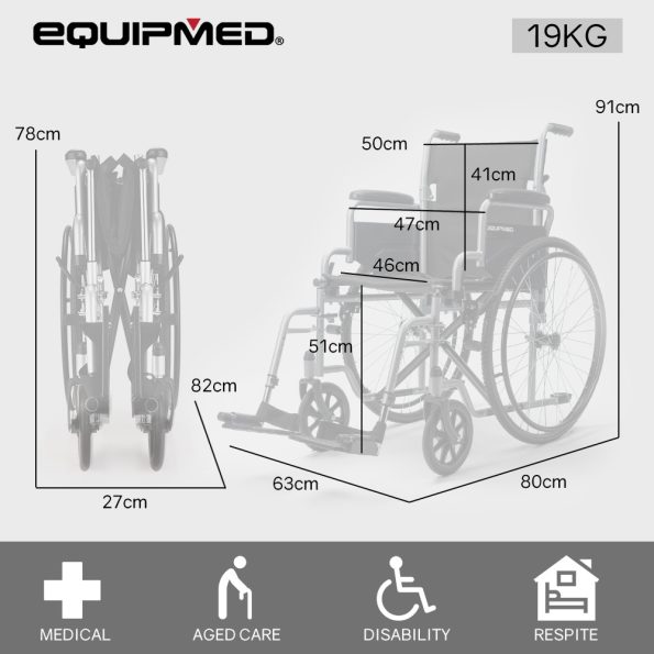 EQUIPMED 24 Inch Folding Wheelchair Lightweight Portable for Elderly and Disabled| Grey - Image 5