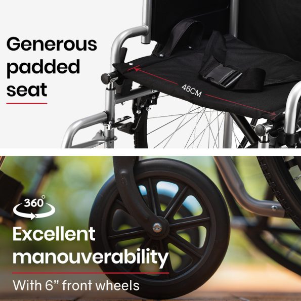 EQUIPMED 24 Inch Folding Wheelchair Lightweight Portable for Elderly and Disabled| Grey - Image 6