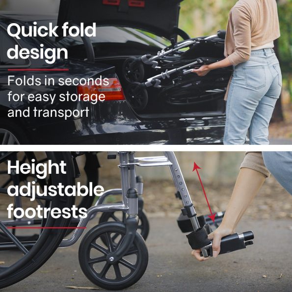 EQUIPMED 24 Inch Folding Wheelchair Lightweight Portable for Elderly and Disabled| Grey - Image 8