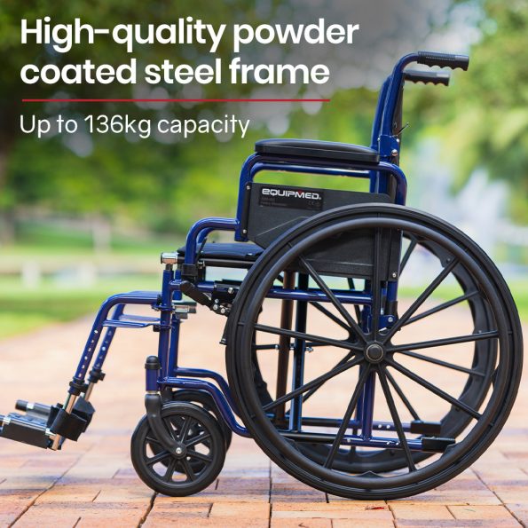 EQUIPMED Portable Wheelchair 24 Inch Folding Lightweight Wheel Chair|136kg Capacity Mobility |Blue - Image 2