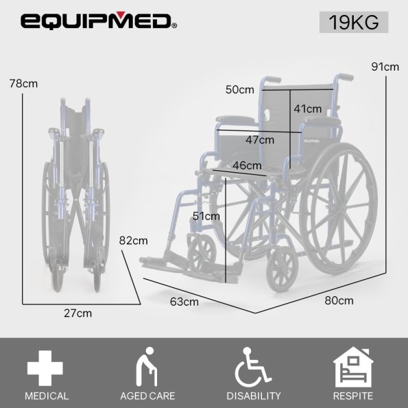 EQUIPMED Portable Wheelchair 24 Inch Folding Lightweight Wheel Chair|136kg Capacity Mobility |Blue - Image 6