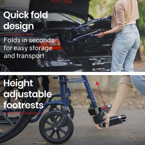 EQUIPMED Portable Wheelchair 24 Inch Folding Lightweight Wheel Chair|136kg Capacity Mobility |Blue - Image 9