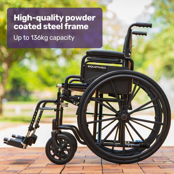 EQUIPMED 24 Inch Folding Wheelchair with Park Brakes| 136kg Capacity| 51cm Wide Seat| Black - Image 2