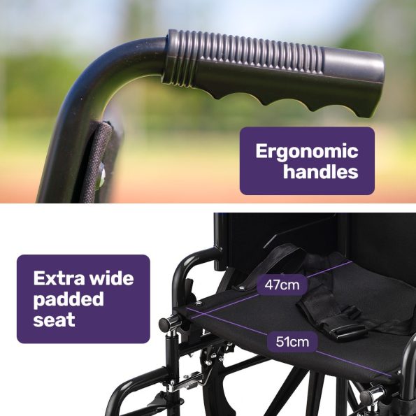 EQUIPMED 24 Inch Folding Wheelchair with Park Brakes| 136kg Capacity| 51cm Wide Seat| Black - Image 4