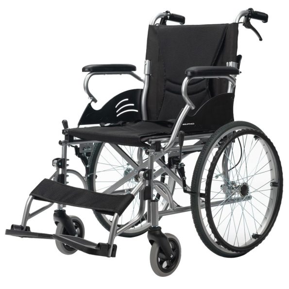EQUIPMED 20 Inch Folding Wheelchair Lightweight Aluminium Portable with Park Brakes| Black