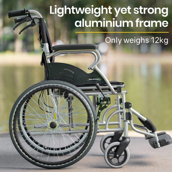 EQUIPMED 20 Inch Folding Wheelchair Lightweight Aluminium Portable with Park Brakes| Black - Image 2