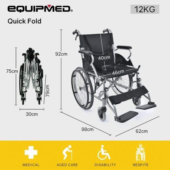 EQUIPMED 20 Inch Folding Wheelchair Lightweight Aluminium Portable with Park Brakes| Black - Image 6