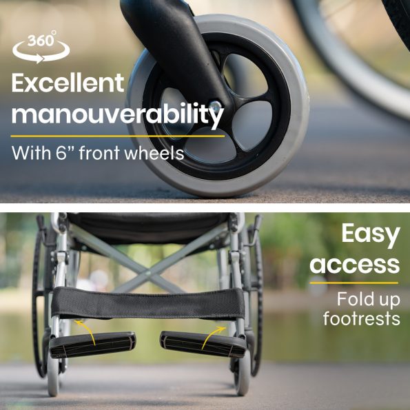 EQUIPMED 20 Inch Folding Wheelchair Lightweight Aluminium Portable with Park Brakes| Black - Image 10