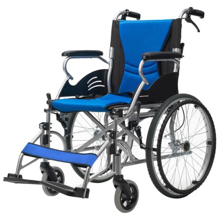 EQUIPMED Folding Aluminium Wheelchair | 20 Wheels  Park Brakes  100kg Capacity   Blue