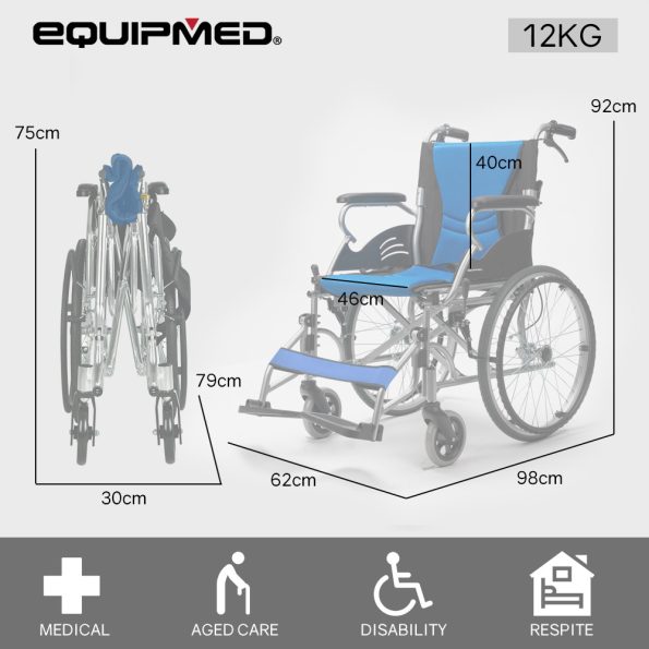 EQUIPMED Folding Aluminium Wheelchair | 20 Wheels  Park Brakes  100kg Capacity   Blue - Image 2