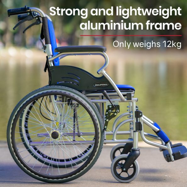 EQUIPMED Folding Aluminium Wheelchair | 20 Wheels  Park Brakes  100kg Capacity   Blue - Image 3