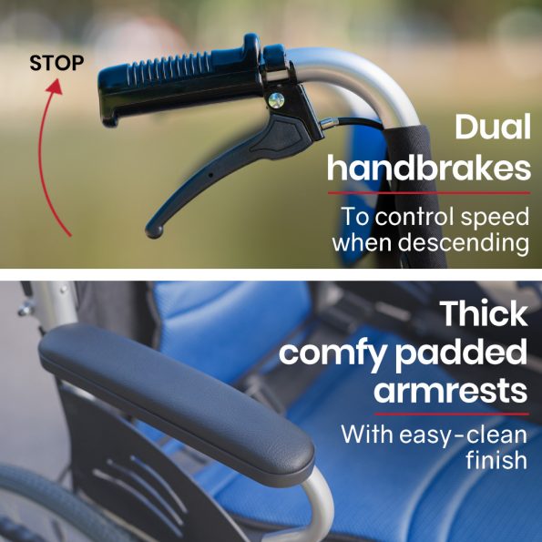 EQUIPMED Folding Aluminium Wheelchair | 20 Wheels  Park Brakes  100kg Capacity   Blue - Image 6