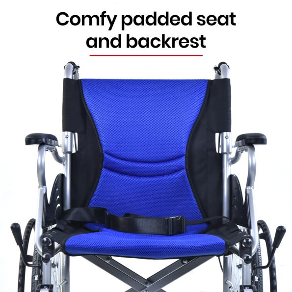 EQUIPMED Folding Aluminium Wheelchair | 20 Wheels  Park Brakes  100kg Capacity   Blue - Image 7