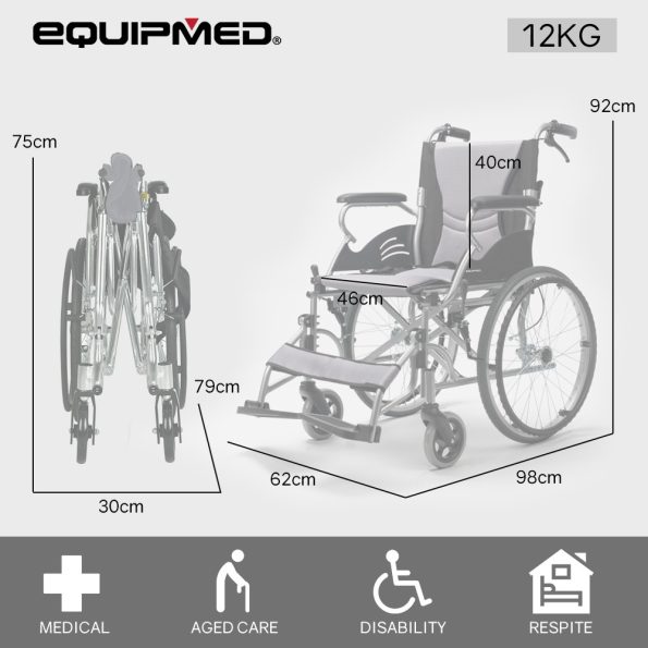 EQUIPMED Folding Aluminium Wheelchair | 20 Wheels  Park Brakes  100kg Capacity  Grey/Black - Image 2