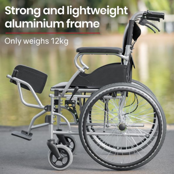 EQUIPMED Folding Aluminium Wheelchair | 20 Wheels  Park Brakes  100kg Capacity  Grey/Black - Image 3