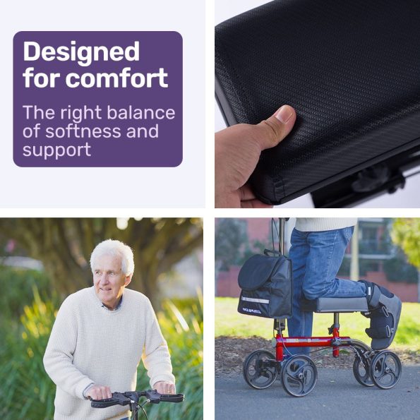 Equipmed Knee Scooter Walker| Dual Brakes - Bag - Broken Leg Ankle Foot Mobility - Crutches Alternative - Red - Image 2
