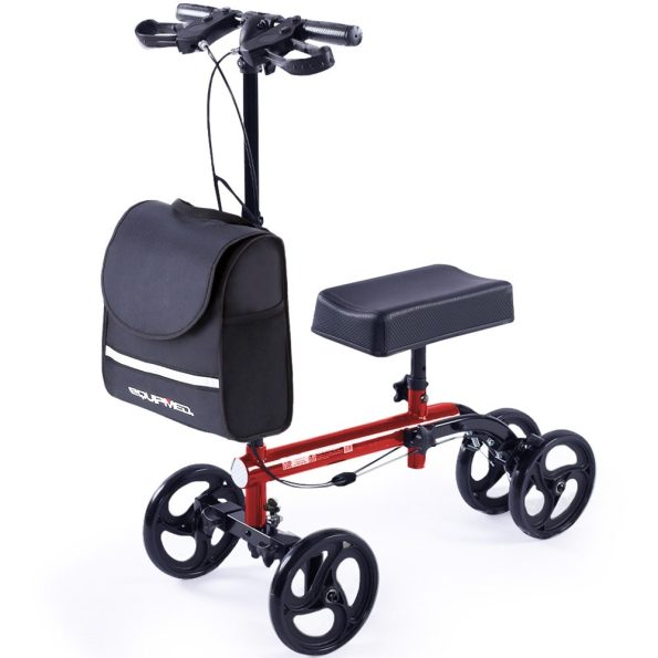 Equipmed Knee Scooter Walker| Dual Brakes - Bag - Broken Leg Ankle Foot Mobility - Crutches Alternative - Red