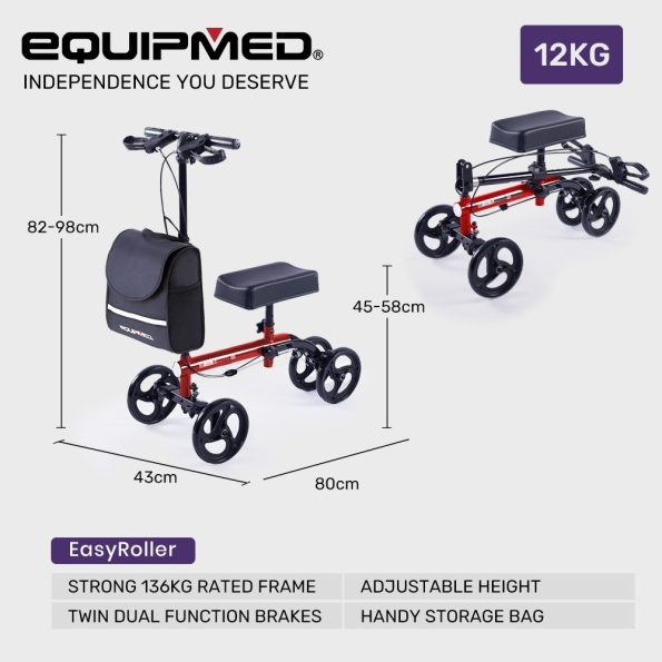 Equipmed Knee Scooter Walker| Dual Brakes - Bag - Broken Leg Ankle Foot Mobility - Crutches Alternative - Red - Image 9