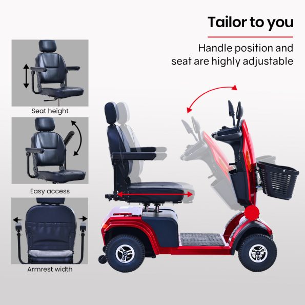 EQUIPMED VentureCruise Mobility Scooter| S-XXL comfortable size for all riders| 30km Max Range| 180kg capacity| Red - Image 3