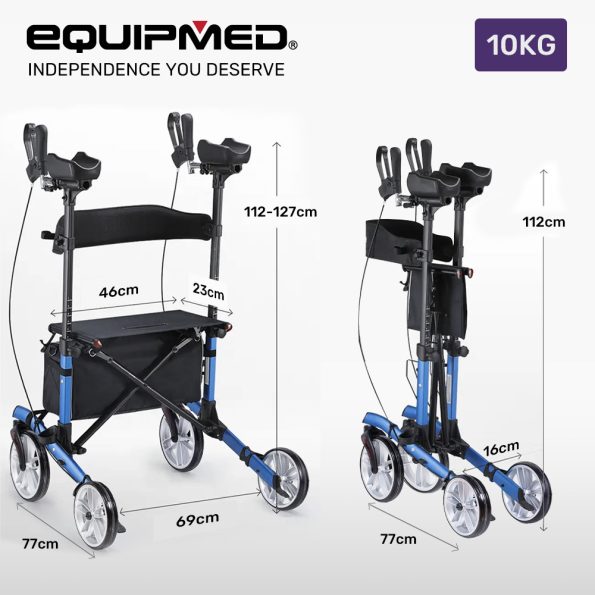 EQUIPMED Upright Rollator Walker with Forearm Support Rests| Mobilty Aid with Seat| Blue - Image 2