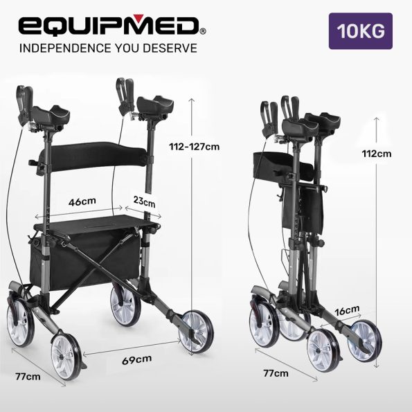 EQUIPMED Upright Rollator Walker with Forearm Rest Supports| Mobilty Aid with Seat| Grey - Image 2