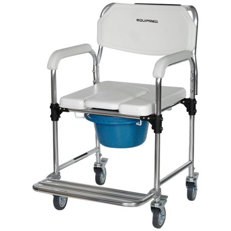 Equipmed Commode Shower Chair| Over Toilet or Bedside 136kg Capacity Aluminium frame with Wheels| White/Blue