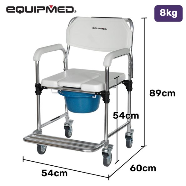 Equipmed Commode Shower Chair| Over Toilet or Bedside 136kg Capacity Aluminium frame with Wheels| White/Blue - Image 2
