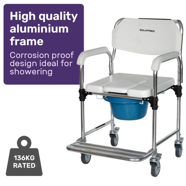 Equipmed Commode Shower Chair| Over Toilet or Bedside 136kg Capacity Aluminium frame with Wheels| White/Blue - Image 3