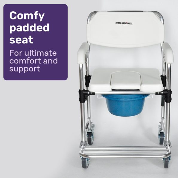 Equipmed Commode Shower Chair| Over Toilet or Bedside 136kg Capacity Aluminium frame with Wheels| White/Blue - Image 4